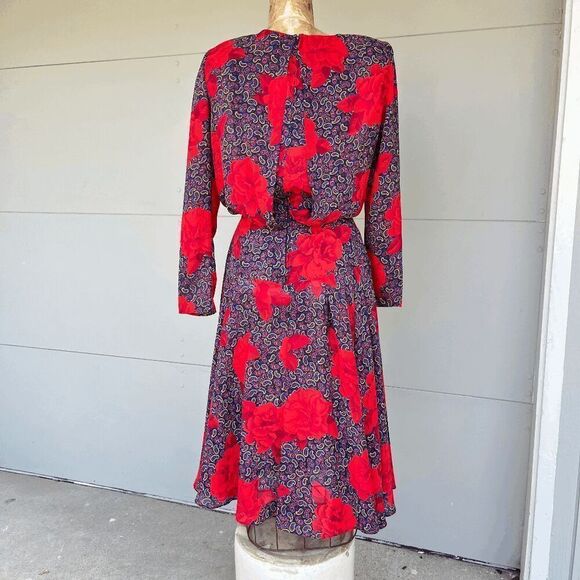 Vintage 1980s Funky, Fit and Flare, Bold Paisley Rose Print Maximalist Midi Dres - Picture 3 of 8